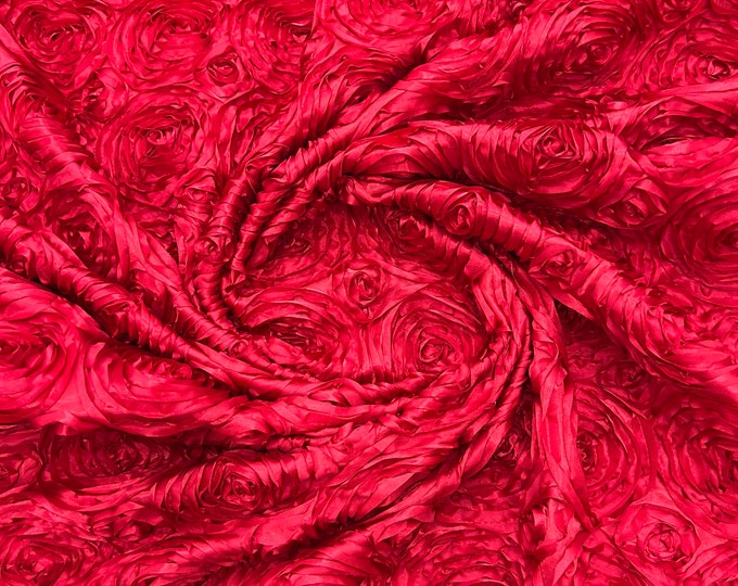 Apple red 3D Rosette Embroidery Satin Rose Flowers  Floral on a satin Fabric by the yard.