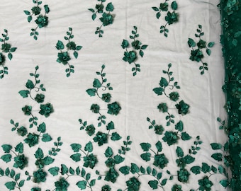 Hunter Green Ruby 3d floral design embroider with pearls in a mesh lace-dresses-fashion-decorations-prom-nightgown-sold by the yard.