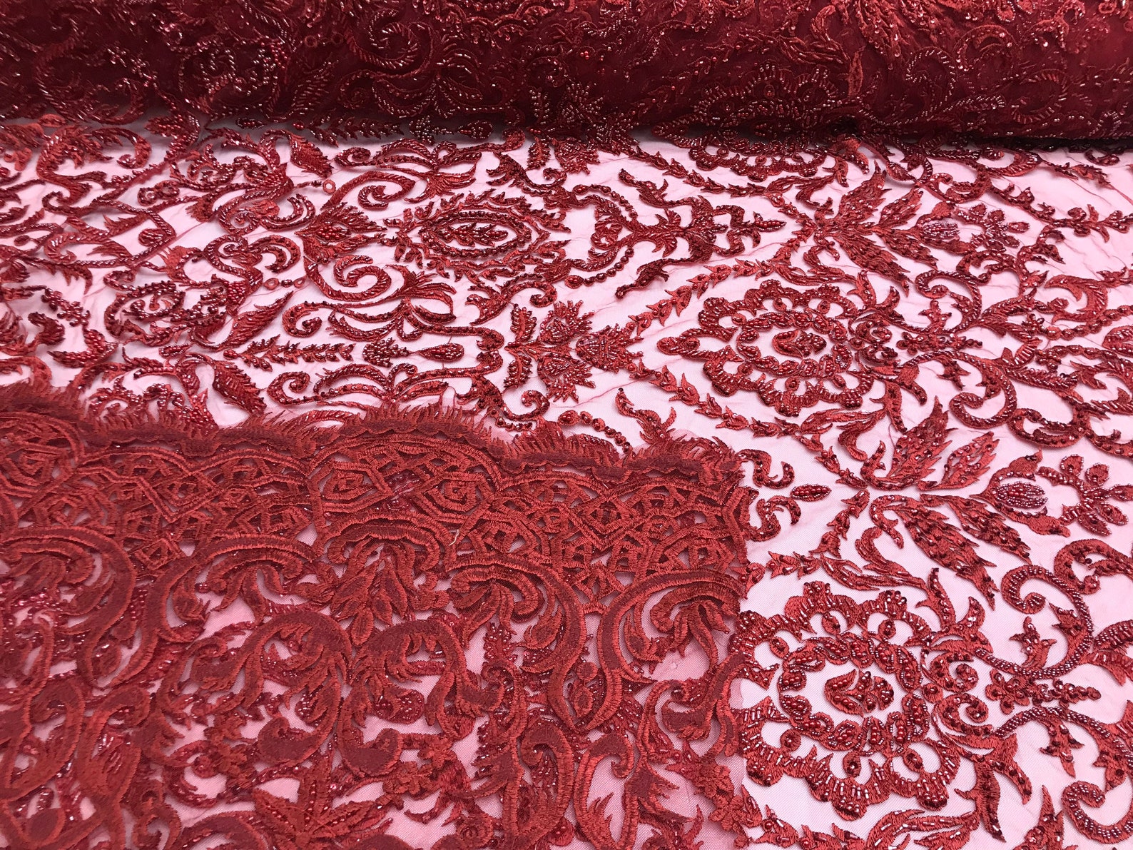Ivory Floral Damask Embroider and Heavy Beaded on a Mesh Lace Fabric-Sold by the Yard-