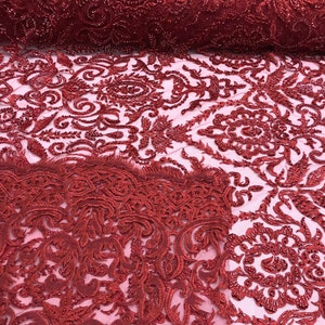 Red floral damask embroider and heavy beaded on a mesh lace fabric-sold by the yard-
