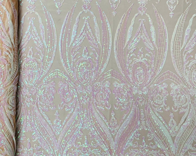 Blush iridescent empire damask design with sequins embroider on a blush 4 way stretch mesh fabric-sold by the yard.