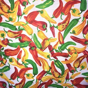 Multi color On White 60" Wide Hot Chili Pepper Poly Cotton Print Fabric Sold By The Yard.