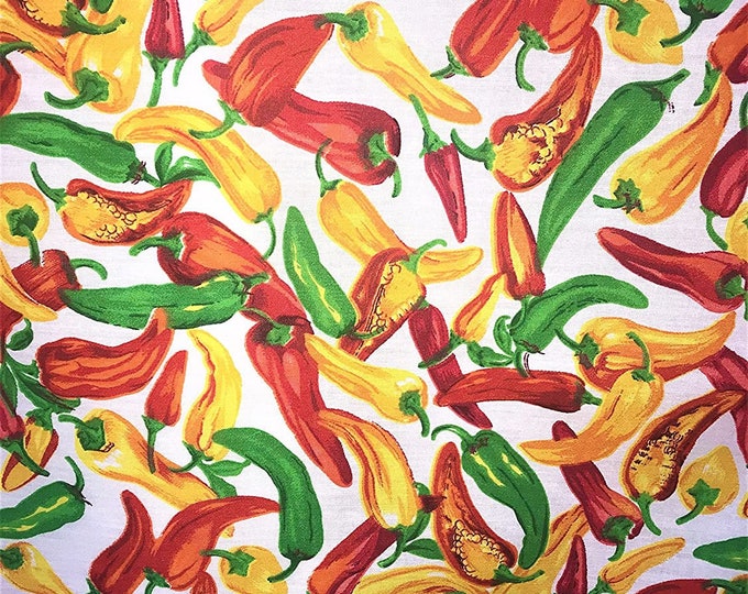 Multi color On White 60" Wide Hot Chili Pepper Poly Cotton Print Fabric Sold By The Yard.
