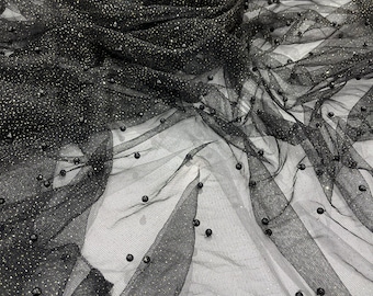 Black Scattered Pearls Studded with gold glitter Mesh, 2-Way Stretch, sold by the yard.