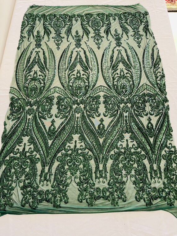 Hunter Green Empire Damask Design With Sequins Embroider on a Etsy