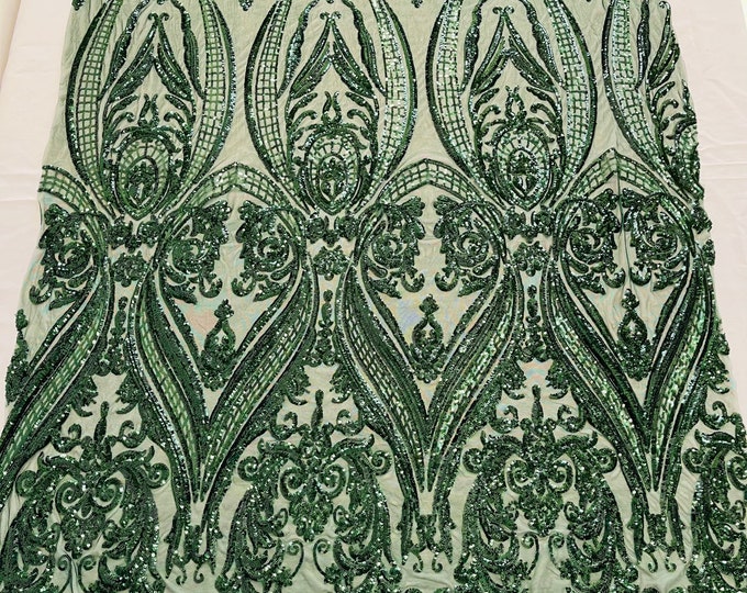 Hunter Green empire damask design with sequins embroider on a 4 way stretch mesh fabric-sold by the yard.