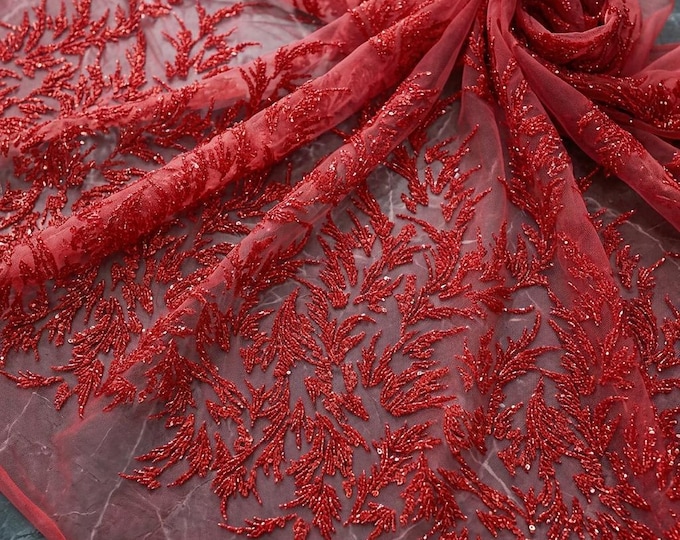 Red Beaded Mesh Lace Fabric By The Yard, Glitter Embroidered Floral Lace For Prom Dress, Bridal Gown & Couture Sewing