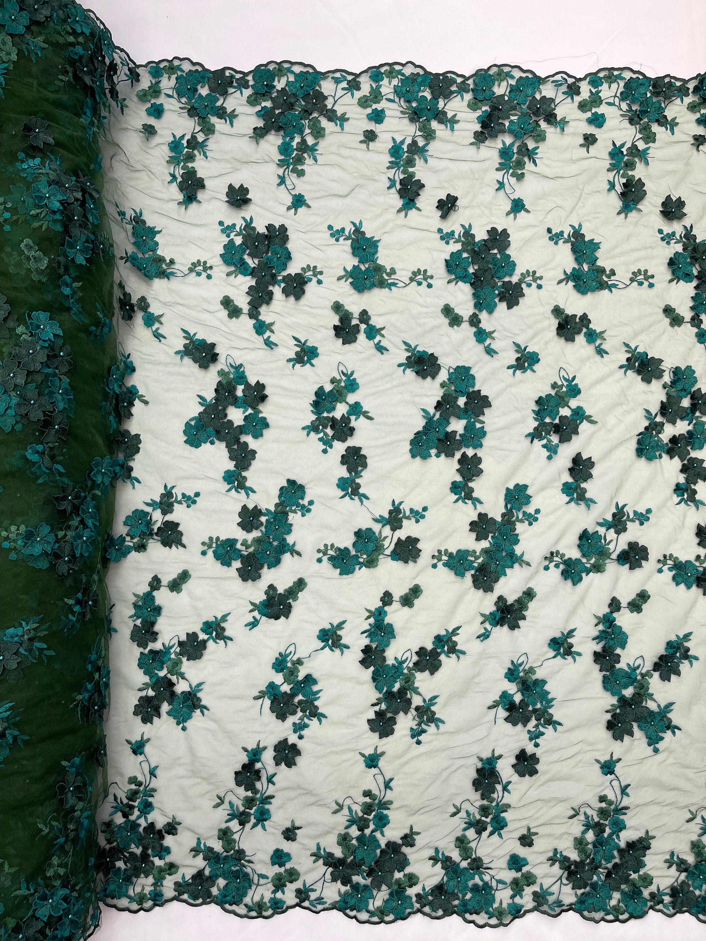 Hunter Green Multi Color 3d Floral Daisy Design Embroider With Pearls ...