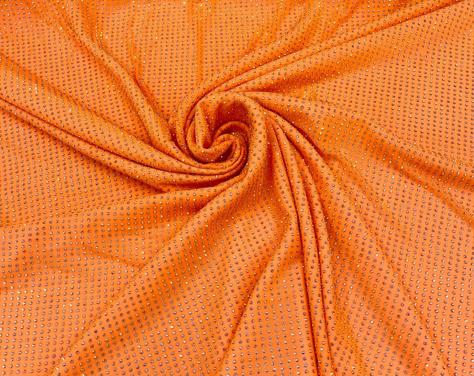 Orange AB-Iridescent Rhinestones On Soft Stretch Nylon Power Mesh Fabric 54” Wide -sold by The Yard.