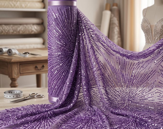 Lavender Vegas Beaded Sequin Stretch Mesh Fabric By The Yard, Luxury Embroidered Lace For Prom Dresses, Evening Gowns & Couture Fashion