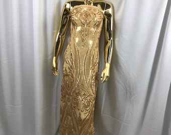 Matt gold princess design embroidery with sequins on a 4 way Stretch Mesh-dresses-prom-nightgown-fashion-apparel-sold by the yard.