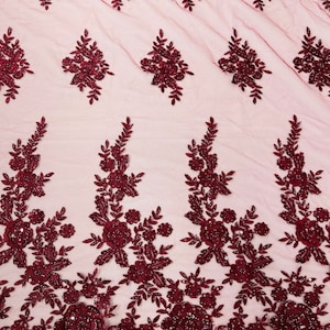 Burgundy floral design embroider and beaded on a mesh lace fabric-Wedding/Bridal/Prom/Nightgown fabric.