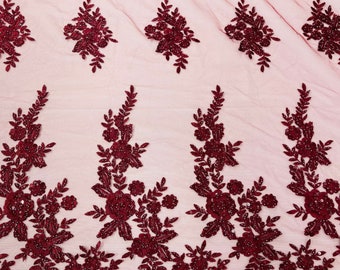 Burgundy floral design embroider and beaded on a mesh lace fabric-Wedding/Bridal/Prom/Nightgown fabric.