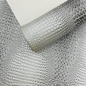 Mercury Silver Glossy Two Tone Gator Fake Leather Upholstery, 3D Crocodile Skin Texture Faux Leather PVC Vinyl, 54&quot; Wide