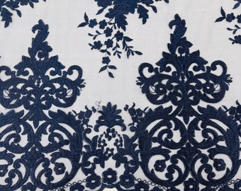 Navy blue flowers embroider on a 2 way stretch mesh lace. Wedding/Bridal/Prom/Nightgown fabric. Sold by the yard.