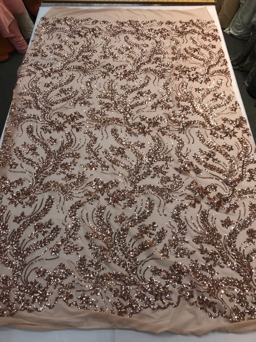 Rose gold 3D floral Vine Design Embroider and heavy beading on a mesh lace-sold by the yard.