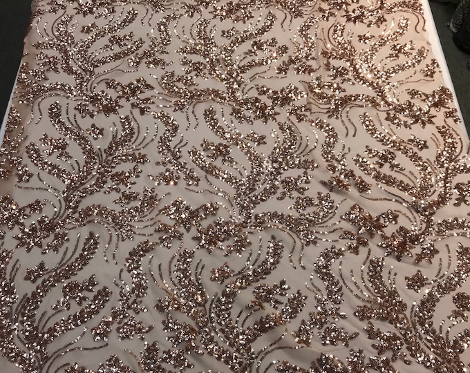 Rose gold sequins vine design embroidery on a 4 way Stretch Mesh-dresses-aparel-prom-nightgown-decorations-sold by the yard.