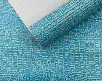 Fiji Turquoise Crocodile Vinyl Upholstery Fabric, Textured Faux Leather 54" Wide