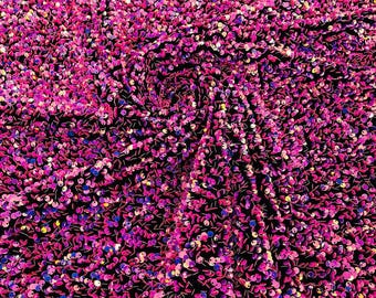 Purple Lavender / Black stretch velvet with luxury sequins all over 5mm shining sequins 2-way stretch, sold by the yard.