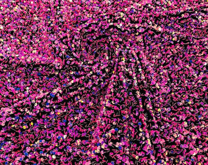 Purple Lavender / Black stretch velvet with luxury sequins all over 5mm shining sequins 2-way stretch, sold by the yard.