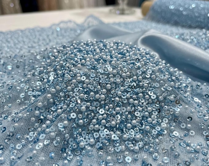 Light Blue Luxury Beaded Mesh Fabric With Pearls & Sequins | Wedding Dress Lace By The Yard | Prom Gown Fabric