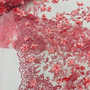 Pink 3D Princess Satin Flower Glitter Sequin Lace Fabric 54" Wide ...