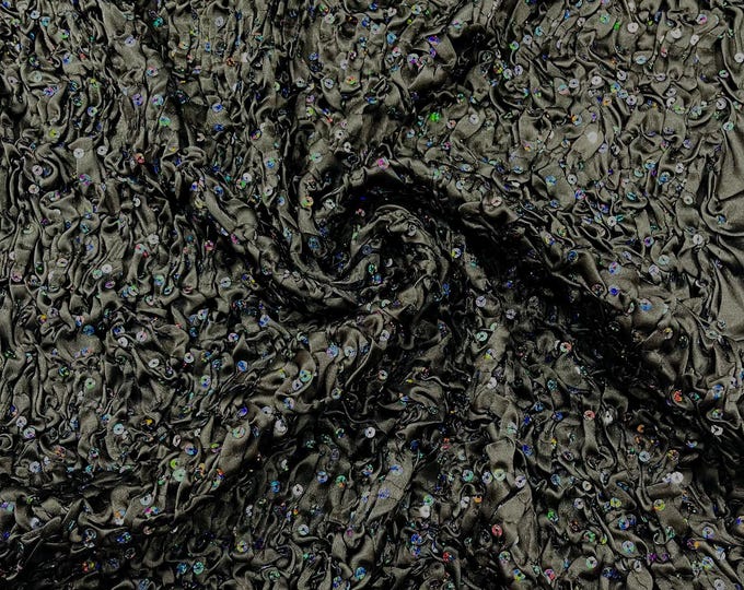 Black Pleated Stretch Satin Ruffle lace Trim With Hologram Sequin/24" Wide/Sold By The Yard.