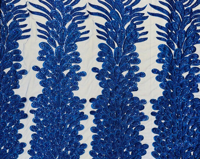 New Vegas heavy beaded feather design embroidery on a mesh fabric-Sold by the panel- Royal Blue