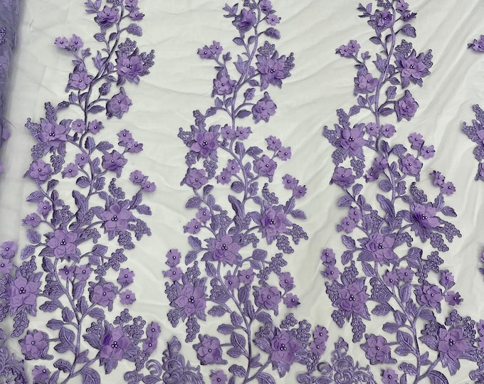 Lavender princess 3d floral design embroider with pearls in a mesh lace-dresses-fashion-decorations-prom-nightgown-sold by the yard.