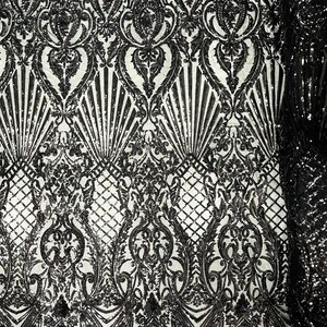 Damask Shiny Sequin Shell Design On a 4 Way Stretch Mesh Fabric -Prom-Sold By The Yard. Hunter main image 0