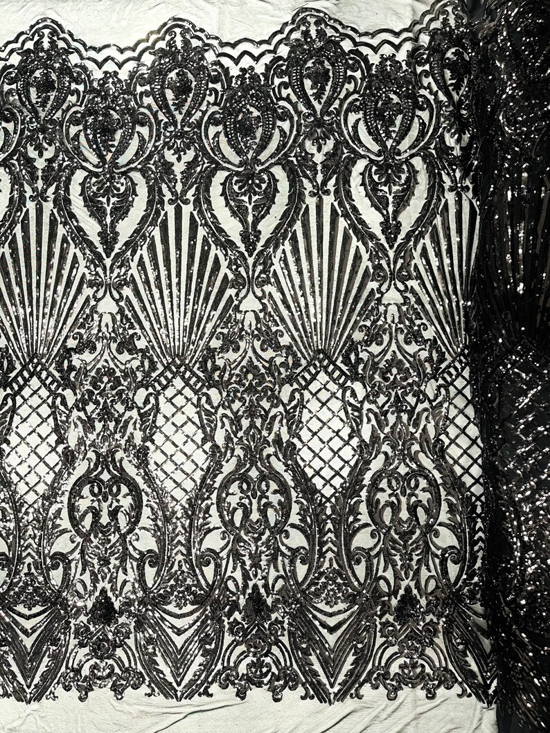 Damask Shiny Sequin Shell Design On a 4 Way Stretch Mesh Fabric -Prom-Sold By The Yard. Black main image 0