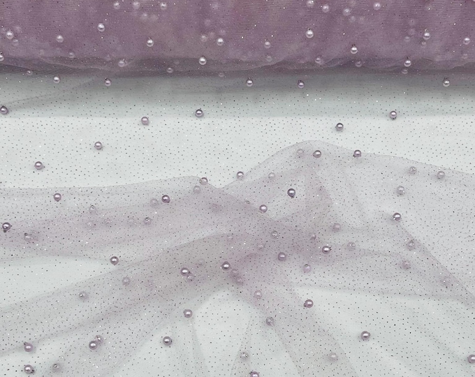 Lilac Pearl Glitter Studded Mesh, 2-Way Stretch Shimmer Mesh Fabric, Sold by the yard.