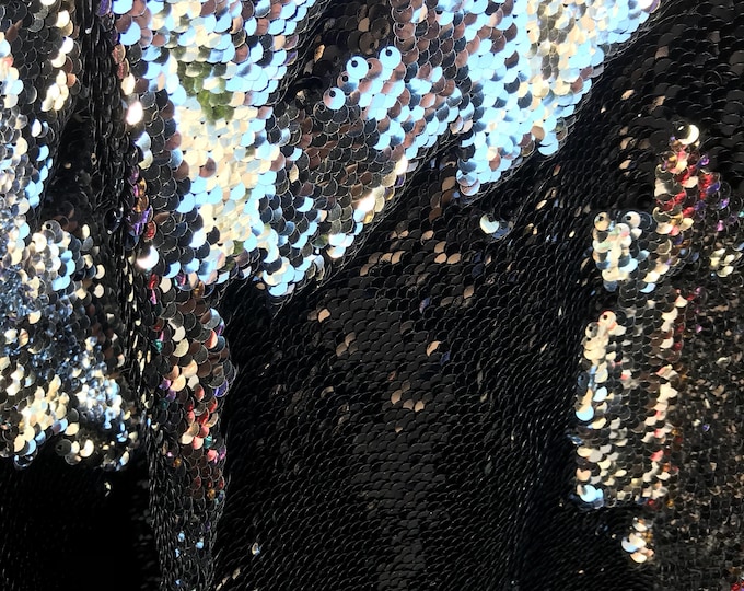 Black-silver shiny flip sequins-mermaid fish scale sequins on a 2 way stretch spandex-dresses-fashion-apparel-pillow-sold by the yard.