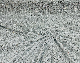 Silver All-Over 5mm Shiny Sequins White Stretch Velvet 54" Wide.