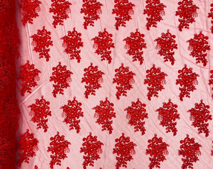 Red corded embroider flowers with sequins on a mesh lace fabric-prom-sold by the yard.