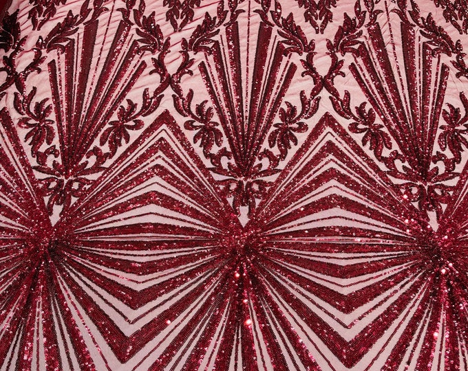 Burgundy diamond damask design on a 4 way stretch mesh-prom-sold by the yard.