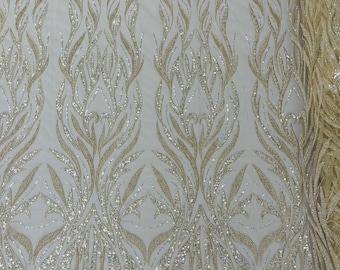Beige damask embroider and clear heavy beaded on a mesh lace fabric-sold by the yard-