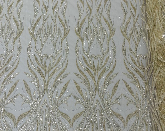 Beige damask embroider and clear heavy beaded on a mesh lace fabric-sold by the yard-