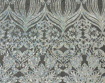 Silver Hologram sequin damask design on a Black 4 way stretch mesh-sold by the yard.