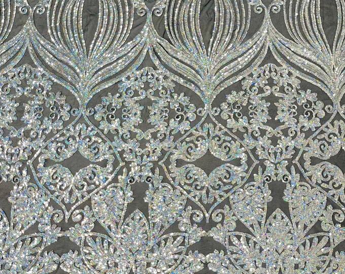 Silver Hologram sequin damask design on a Black 4 way stretch mesh-sold by the yard.