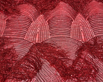 Red shiny fringe sequins design on a 4 way stretch mesh fabric-prom-sold by the yard.