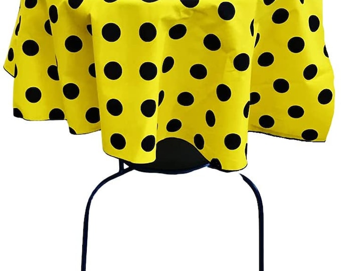 New Creations Fabric & Foam Inc, Round Poly Cotton Print Tablecloth (Polka Dot Black on Yellow. Choose Size Below