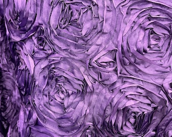 Plum 3D Rosette Embroidery Satin Rose Flowers  Floral on a satin Fabric by the yard.