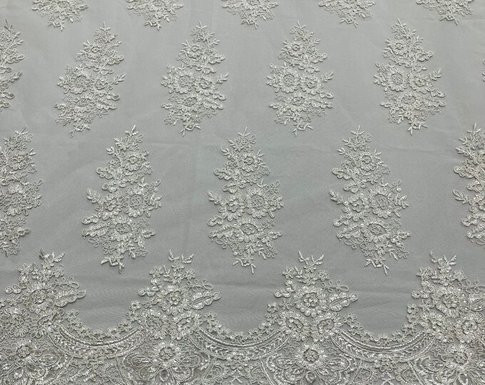 Off White Floral corded embroider with sequins on a mesh lace fabric-prom-sold by the yard.