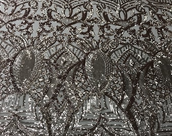 Rose gold royalty design embroider with shiny sequins on a 4 way stretch power mesh-dresses-fashion-prom-nightgown-sold by the yard.