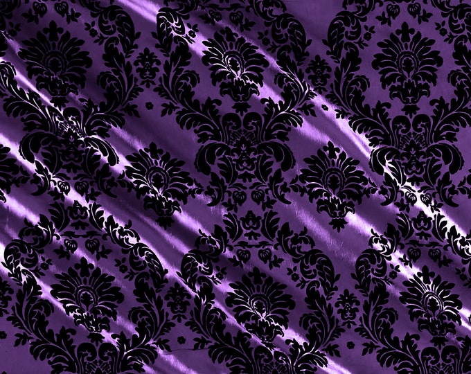 Purple - Flocked Damask Taffeta Fabric - Sold By The Yard.