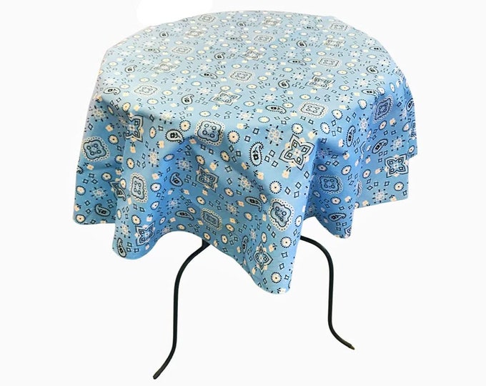 New Creations Fabric & Foam Inc, Round Print Poly Cotton Tablecloth (Bandanna Light Blue, Choose Size Below