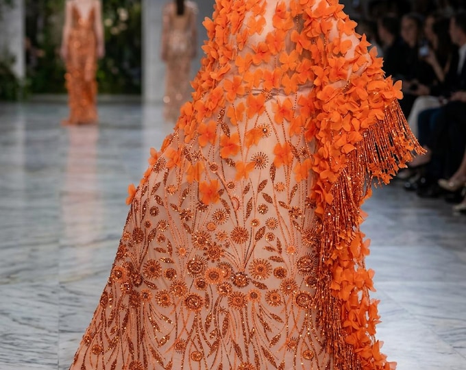 Orange 3D Floral Butterfly Lace Fabric by the Yard, Beaded Mesh Lace for Prom Dress, Bridal Gown, Couture Fabric