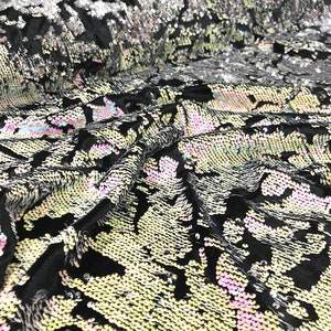Sequins Flip Two Tone Camouflage Design on a Black Stretch Velvet, Sold by the Yard. Pink/Green