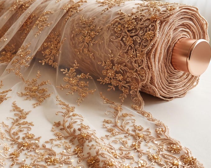 Rose Gold Floral Beaded Lace Fabric By The Yard, Sequin Embroidered Mesh Lace For Bridal Gowns, Prom Dresses & Wedding Couture